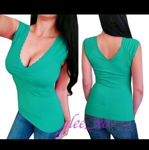 Teal Green sexy lowcut vneck sleeveless summer shirt top